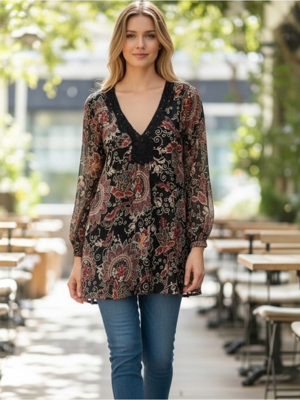 Bandolino Crochet Lace Neckline Long Sleeve Medallion Paisley Tunic Blouse Sz 12